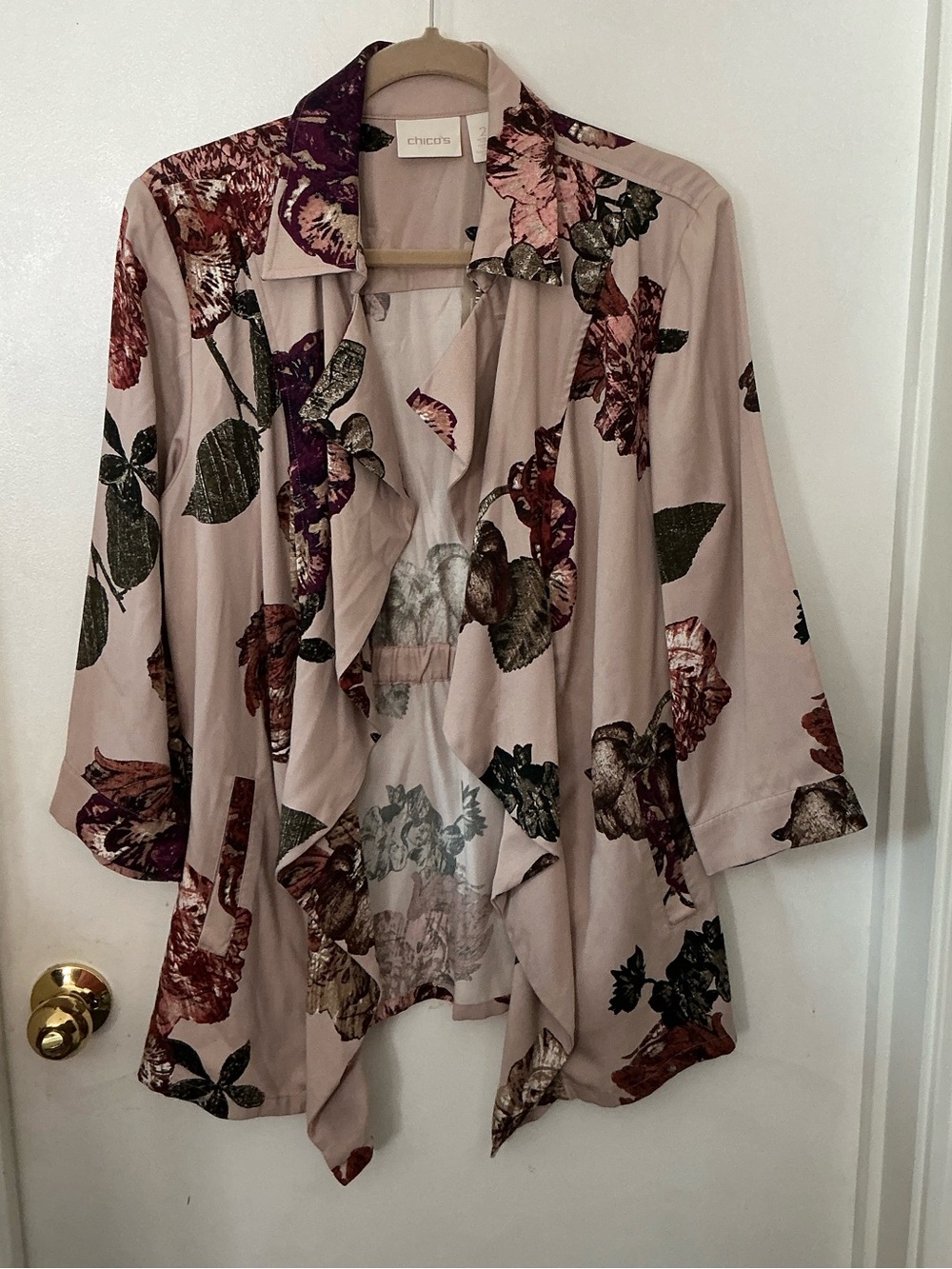 Chico's Tan, Pink and Green Floral Open-Front Waterfall Jacket Chico's sz 2 Med
